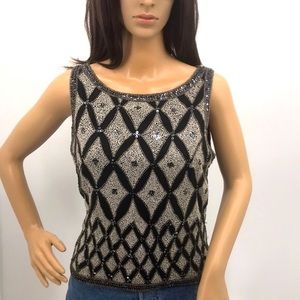 Vintage Y2K Embellished Sequin Beaded Silk Holiday Cocktail Print Evening Top